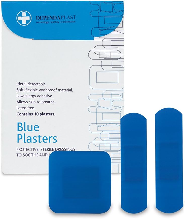 Dependaplast Food Area Blue Plasters With High Visibility And Metal Detection Properties, Easily Detectable, Individually Wrapped - Assorted Wallet Of 10