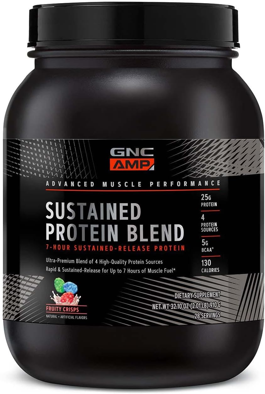 Gnc Amp Sustained Protein Blend | Targeted Muscle Building And Exercise Formula | 4 Protein Sources With Rapid & Sustained Release | Gluten Free | Fruity Crisps | 28 Servings