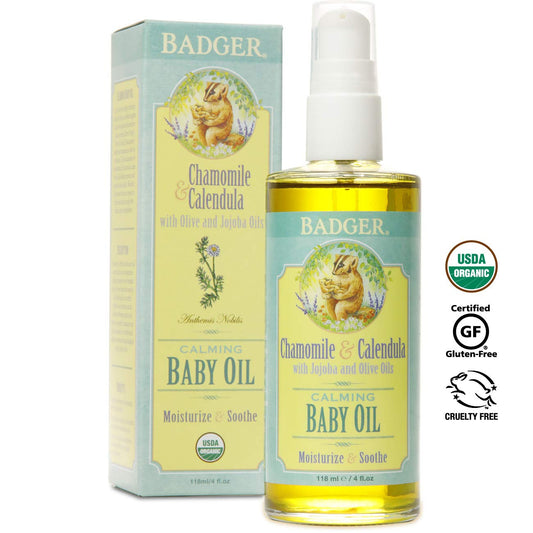 Badger - Baby Oil, Chamomile & Calendula, Organic Baby Oil, Softens & Moisturizes Baby's Skin, Baby Oil for Dry Skin, Baby Oil for Newborns, Soothing Baby Oil, 4 oz (2 Pack)