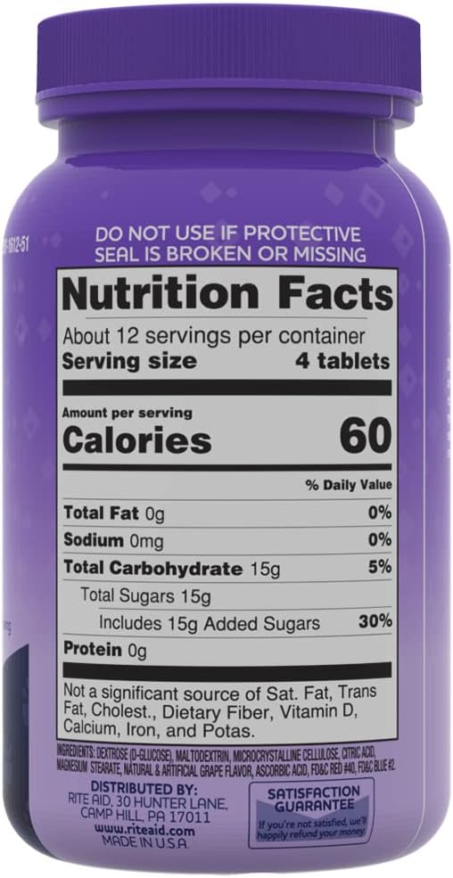 Rite Aid Glucose Tablets, Grape, 50 Count, Blood Sugar Support Supplements