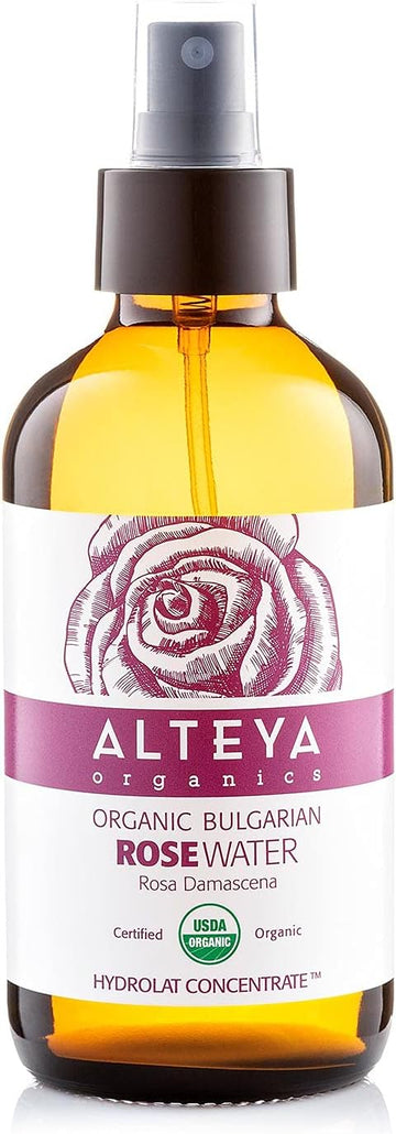 Alteya Organics Rose Water Usda Certified Organic Facial Toner, 4 Fl Oz/120Ml Pure Bulgarian Rosa Damascena Flower Water, Award-Winning Moisturizer Amber Glass Spray Bottle