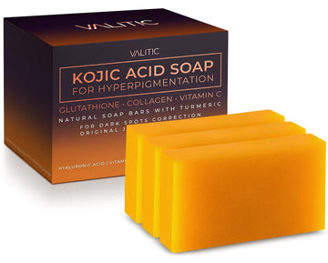 Valitic Kojic Acid Soap For Hyperpigmentation - With Glutathione, Collagen & Vitamin C - Natural Soap Bars With Turmeric - Original Japanese Complex For Dark Spot Correction - 3 Pack