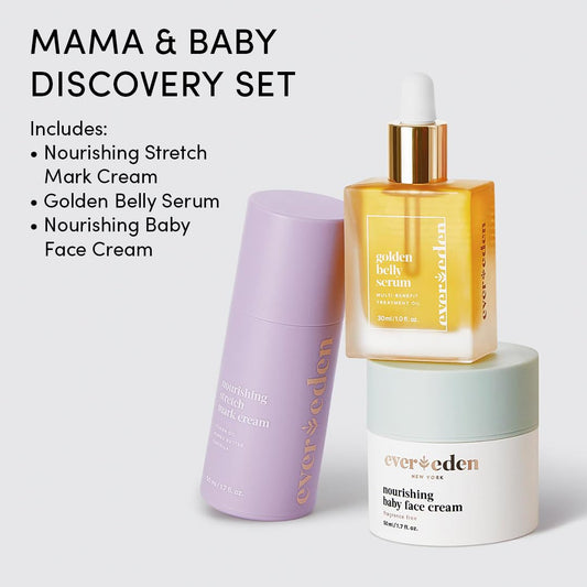 Evereden Mama & Baby Discovery Set - Dermatologist-Developed Clean & Vegan Maternity Skin Care Bundle - Stretch Mark Cream, Belly Serum, & Nourishing Baby Face Cream - Postpartum Gifts for New Mom