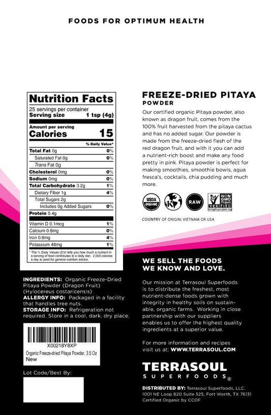 Terrasoul Superfoods Organic Freeze-Dried Pitaya Powder (Dragonfruit), 3.5 Oz - Vibrant Color | Antioxidants | Vitamin C