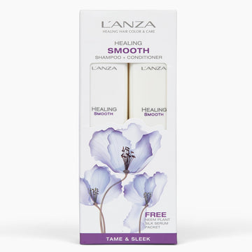 L'Anza Healing Smooth Hair Care Kit, Glossifying Shampoo, Hair Conditioner & Healing Strength Neem Plant Silk Hair Serum, Paraben Free, Sulfate Free, Gift Box For Smooth Hair (10.1/8.5 Floz+Sample)