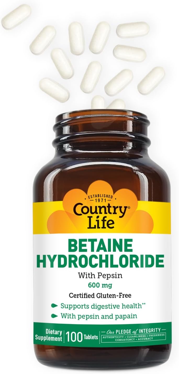 Country Life Betaine Hydrochloride With Pepsin, 600Mg, 100 Tablets, Certified Gluten Free : Health & Household