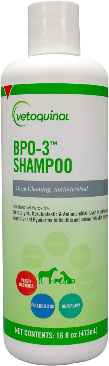 Vetoquinol BPO-3 Shampoo for Dogs, Cats & Horses (3% Benzoyl Peroxide) – 16oz – Deep Cleaning, Medicated Shampoo Opens & Flushes Hair Follicles – Degreases Oily Coats – Soothes Red, Flaky, Itchy Skin