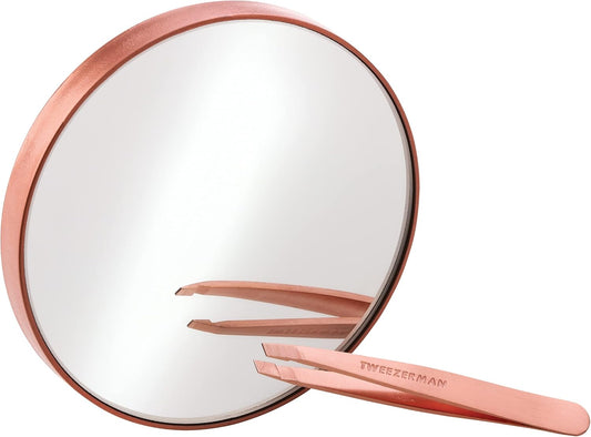 Tweezerman Rose Gold Mini Slant Tweezer & 10X Magnification Mirror Set