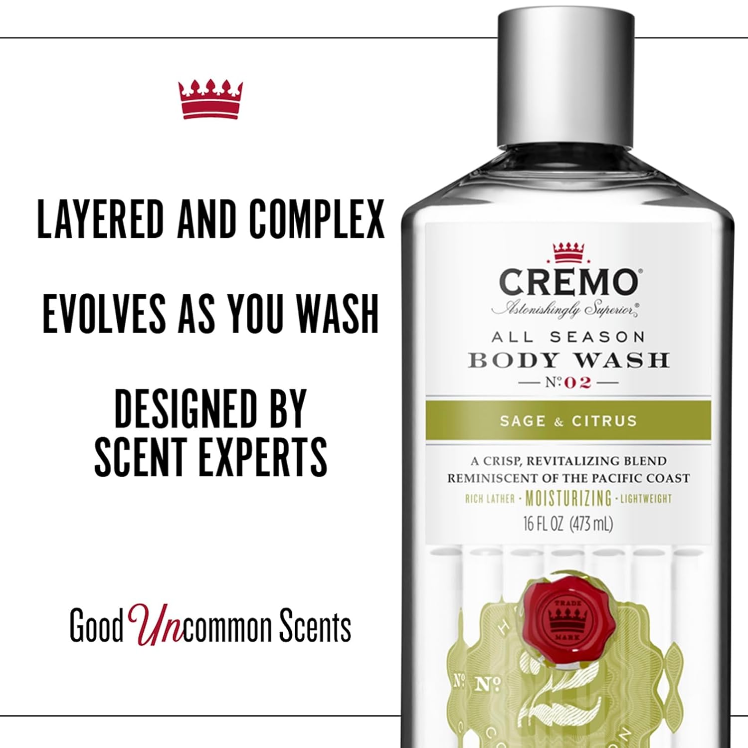 Cremo Rich-Lathering Sage & Citrus Body Wash for Men, A Revitalizing Combination of Bright Mandarin, Dry Herbs and White Cedar, 16 Fl Oz : Beauty & Personal Care