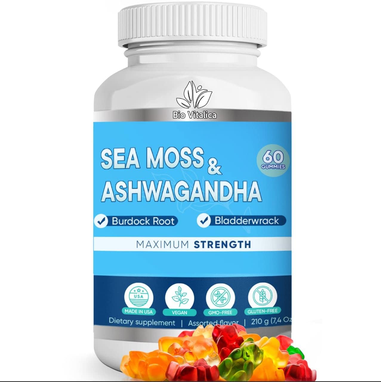 Bio Vitalica Sea Moss Ashwagandha Gummies - Organic Irish Seamoss & Ashwagandha Root Supplements For Supporting Energy & Immunity For Men & Women, 60 Vegan Gummies