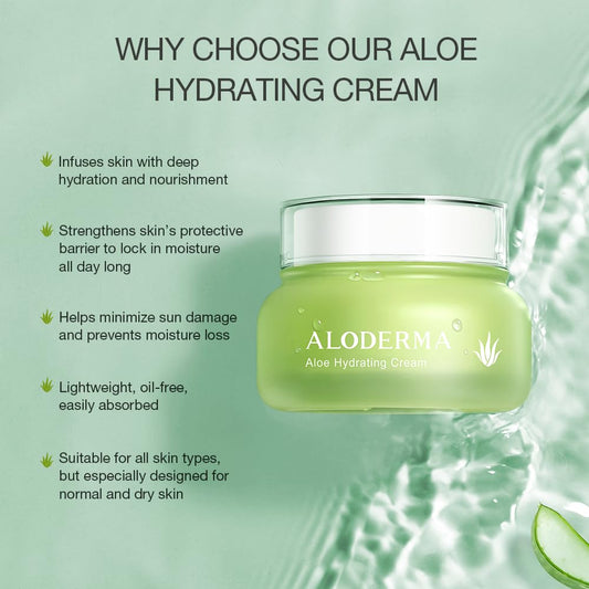 Aloderma Hydrating Face Cream for Dry Skin Made with 70% Organic Aloe Vera - Natural Hydration with Hyaluronic Acid & Arginine - Nourishing Aloe Vera Face Cream - Moisturizing Dry Skin Cream, 1.7oz