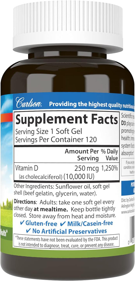 Carlson - Vitamin D3, 10000 IU (250 mcg), Vitamin D Supplements, Bone & Immune Support, Vitamin D3 Softgels, Heart Health, Gluten Free Vitamin D Capsules, 120 Softgels