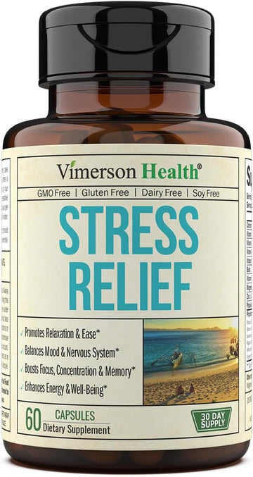 Stress Relief Supplement with 5HTP, Ashwagandha, Valerian, St John?s Wort, GABA, Chamomile & B-Vitamins - Promotes Relaxation, Sleep, Calm & Balanced Mood, Energy & Focus. Vegan, Non-GMO, 60 Capsules