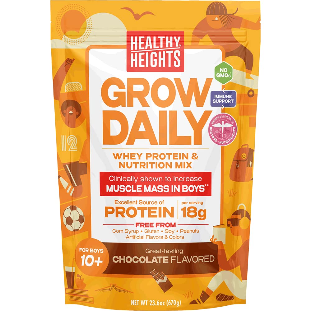 Healthy Height Grow Daily Boys 10+ Shake Mix Bag Protein Powder (Chocolate) - Developed By Pediatricians - High In Protein Nutritional Shake - Contains Key Vitamins & Minerals