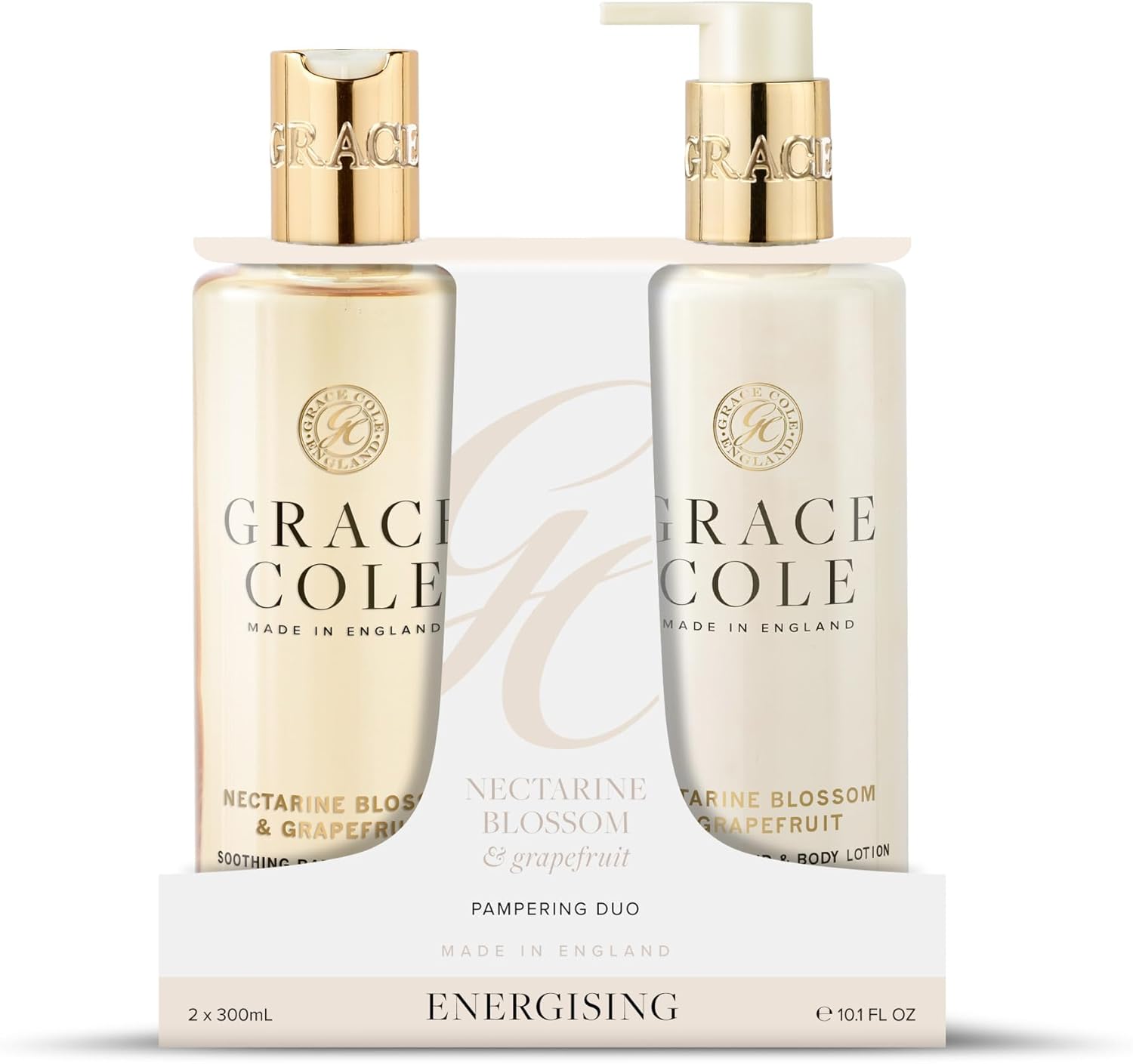 Grace Cole Nectarine Blossom & Grapefruit Scented Body Care Duo Gift Set 1 X Bath & Shower Gel 300Ml, 1 X Hand & Body Lotion 300Ml - Essential Oils - Vegan - Made In England