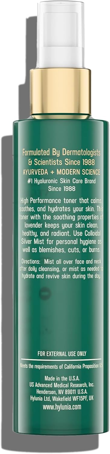 Hylunia Colloidal Silver Mist Toner 5.1 Fl. Oz. – Hydrating Versatile Toner For Acne-Prone Inflamed Skin | Infused With Colloidal Silver & Lavender For Glowing Skin Cuts & Burns, Body-Refresher