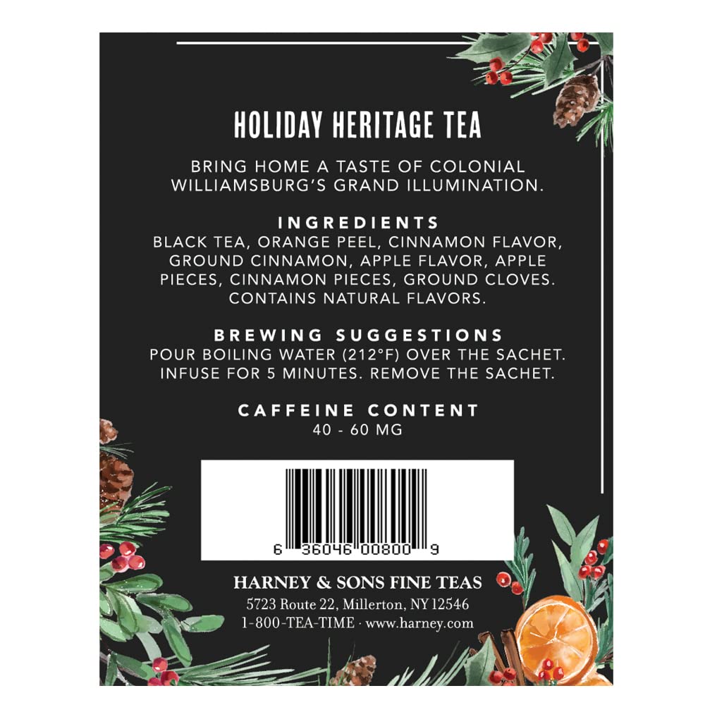 Harney & Sons Holiday Heritage Colonial Williamsburg Blend | Black Tea With Warm Apple, Cinnamon, And Orange Peel,20 Count (Pack Of 1)