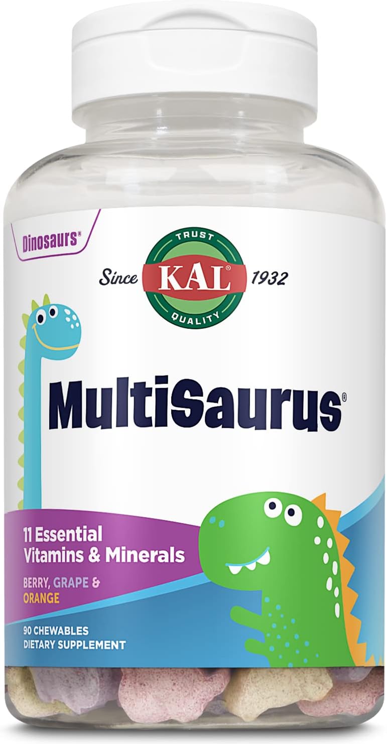 KAL MultiSaurus Kids Chewable Multivitamins, 11 Essential Vitamins and Minerals for Kids, Berry, Grape, Orange Chewables, Gluten and Fructose Free, 90 Servings, 90 Dinosaur-Shaped Chewables