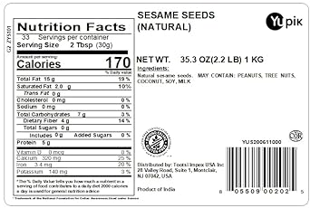 Yupik Whole Sesame Seeds 2.2 lb, Natural, Unhulled, Gluten-Free, Kosher, Vegan, Raw, Source of Protein, Fiber & Iron, Cholesterol-free, Sugar-free, Low-Carb, Pack of 1