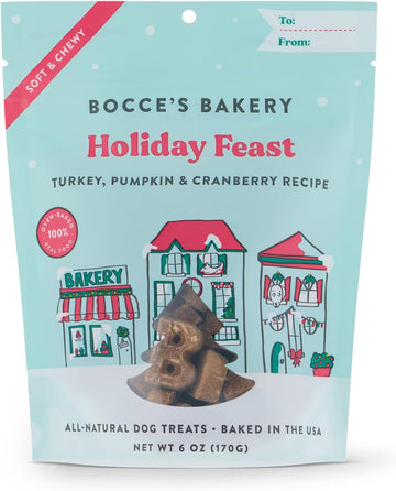 Bocce'S Bakery Holiday Feast Recipe Treats For Dogs, Wheat-Free Everyday Dog Treats, Made With Real Ingredients, Baked In The Usa, All-Natural Soft & Chewy Cookies, Turkey, Pumpkin & Cranberry, 6 Oz