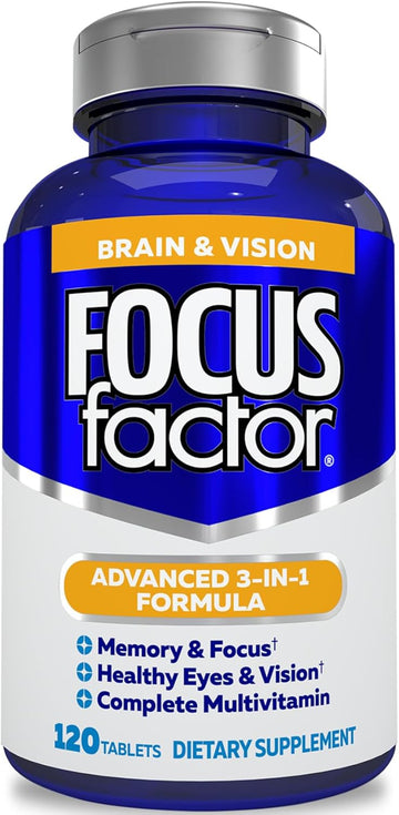 Focus Factor Adults Brain And Vision Supplement, 120 Count - Eye Vitamin, Mineral Supplement & Complete Multivitamin W/Lutein & Zeaxanthin – Brain Supplement For Focus, Concentration, Memory
