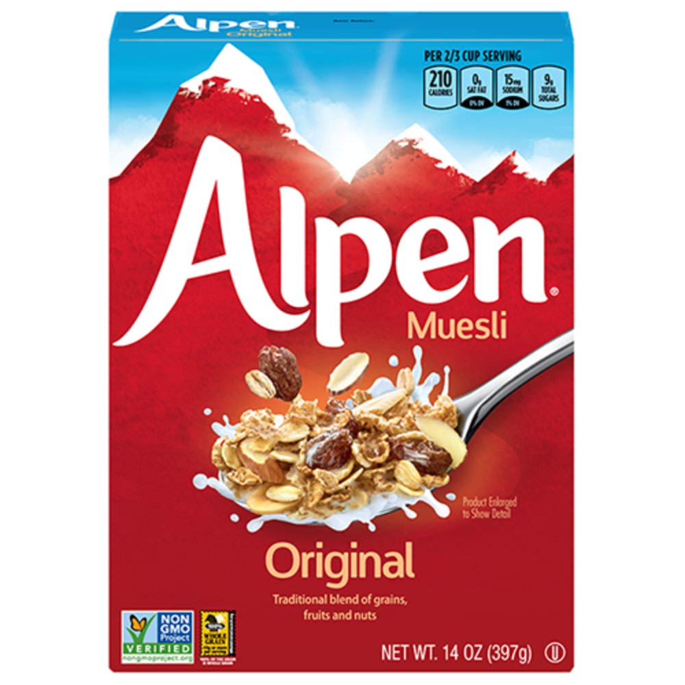 Alpen Muesli Original Cereal, Heart Healthy Cereal with Wheat Flakes, Rolled Oats, Nuts and Raisins, Non-GMO Project Verified, 14 OZ Box (Pack of 6)