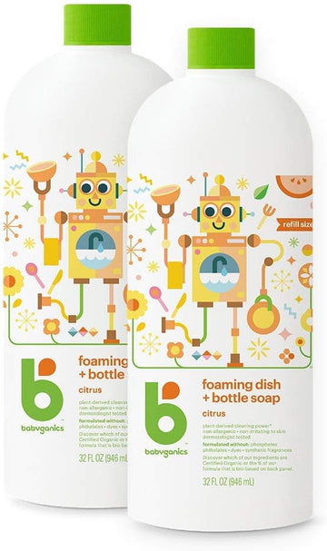 Babyganics Foaming Dish & Bottle Soap, Citrus, Plant-Derived Cleaning Power, Removes Dried Milk, 32Fl Oz (2 Pack), Packaging May Vary