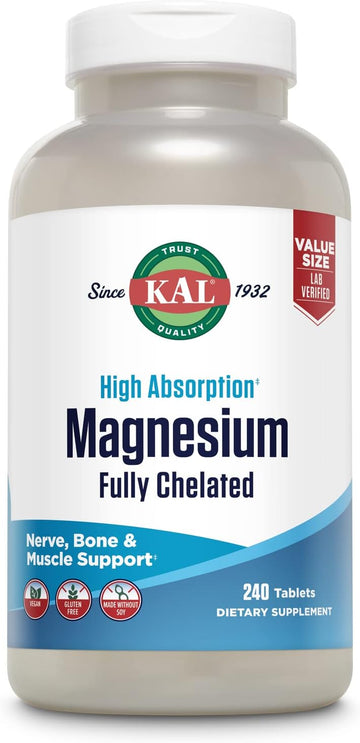 Kal Magnesium Glycinate Tablets, Fully Chelated, High Absorption Formula With Magnesium Bisglycinate Chelate For Nerve, Muscle & Bone Health Support, Vegan, Gluten Free, Value Size, 240 Tablets