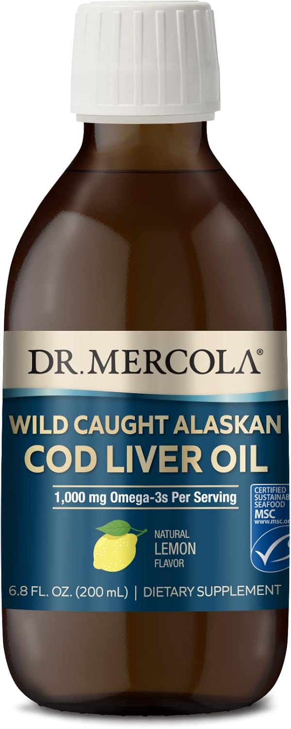 Dr. Mercola Wild Caught Alaskan Cod Liver Oil, 6.8 Fl. Oz. (200 Ml), 40 Servings, 1,000 Mg Omega-3S Per Serving, Dietary Supplement, Supports Brain And Cognitive Function, Non-Gmo, Msc Certified