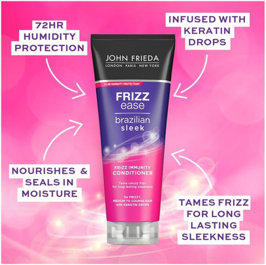 John Frieda Frizz Ease Brazilian Sleek Frizz Immunity Conditioner 250Ml, Conditioner For Dry, Frizzy, Curly Hair