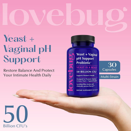 Lovebug Yeast + Vaginal Ph Support | Clinically Studied Ingredients For Yeast & Utis | Multi Strain 50 Billion Cfu | 60 Capsules