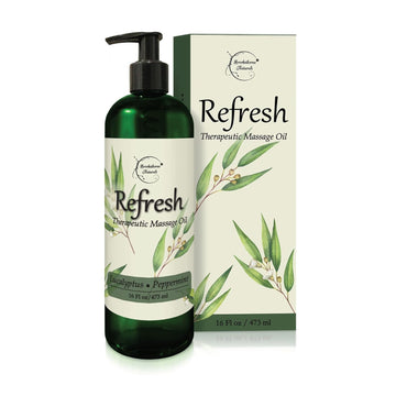 Refresh Massage Oil For Massage Therapy With Eucalyptus & Peppermint Essential Oils - All Natural Sore Muscle Relief. Ideal For Full Body Relaxation – Nut Free Formula 8Oz