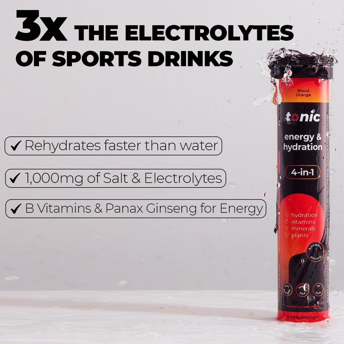 Tonic Health Energy and Hydration Tablets - 15 Vitamins, Minerals, Plants with Panax Ginseng, No Sugar Effervescent Multivitamins - Rehydration Electrolytes Tablets, Blood Orange 20 Count : Amazon.co.uk: Health & Personal Care