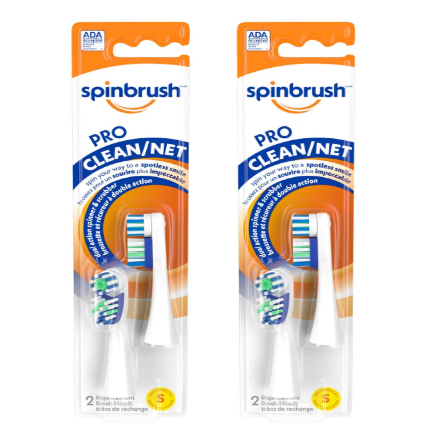 Spinbrush Pro Clean Replacement Toothbrush Heads, Soft Bristles, Dentist Recommended, (2 Pack With 4 Toothbrush Heads)