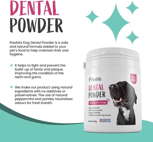 Dog Dental Powder with Scoop - Tartar & Plaque Remover for Dogs Oral Hygiene Powder - Fight Tartar, take Plaque Off & stops Bad Breath in Dogs,Cats & Pets - UK Made.100g