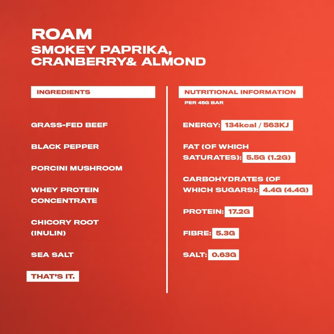 ROAM Natural Protein Bars, Meal Replacement Keto Bars, 12 x 45g Gluten Free Healthy Snacks, Low Calorie Snacks (Smoked Paprika, Almond & Cranberry) : Amazon.co.uk: Health & Personal Care