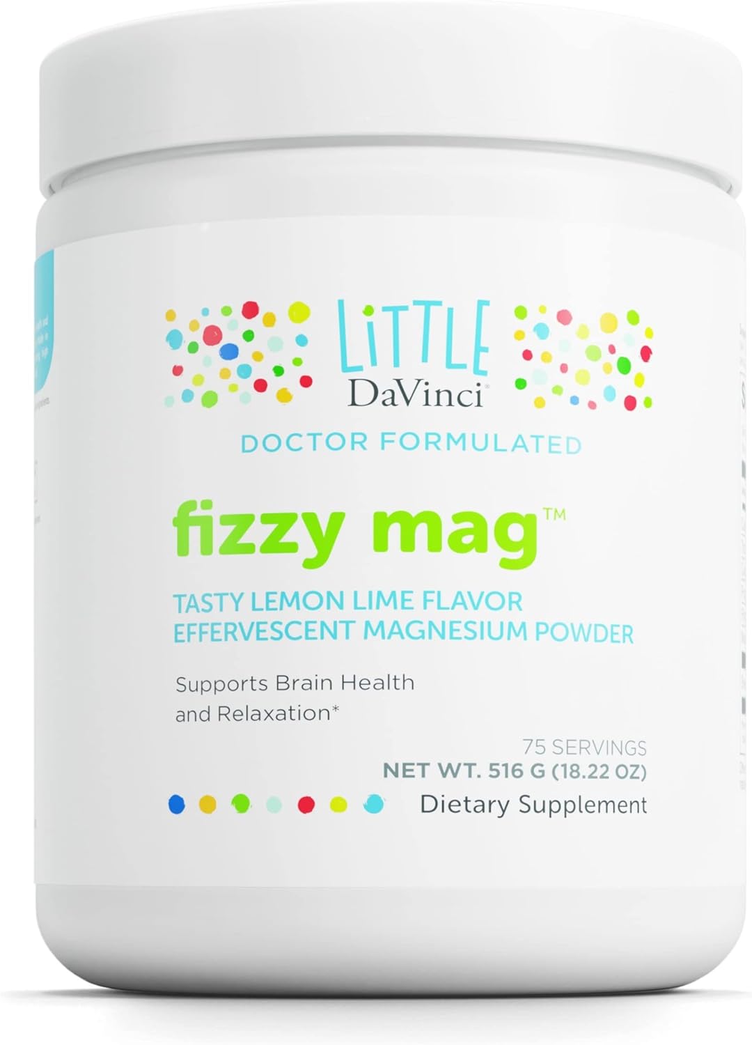 Little DaVinci Fizzy Mag - Effervescent Magnesium Supplement for Kids to Support Brain Health, Relaxation and Behavior* - with Calcium, Riboflavin, and More - Lemon Lime Flavor - 516 g, 75 Servings