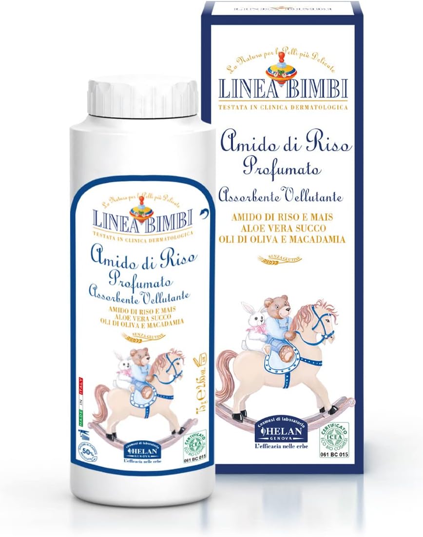Helan Linea Bimbi Bio - Talcum Powder For Babies, Baby Powder With Aloe Vera Juice, Scented Rice Starch - Moisturising, Soothing, Against Irritation, Baby Essentials For Newborn - Made In Italy, 75 G