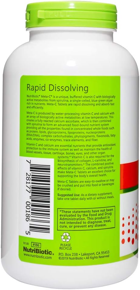 NutriBiotic Meta-C Tablets, 1000 mg Spirulina-Bound Vitamin C, 250 Count | Buffered with Calcium, Biologically Active Spirulina Metabolites & Lemon Bioavonoids | Antioxidant & Collagen Support