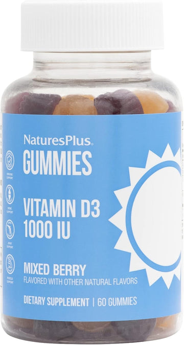 Natures Plus Gummies Vitamin D3 1000 Iu - 60 Gummies, Mixed Berry - Promotes Bone Health & Immune Function - Vegan, Gluten Free, Non-Gmo - 60 Servings