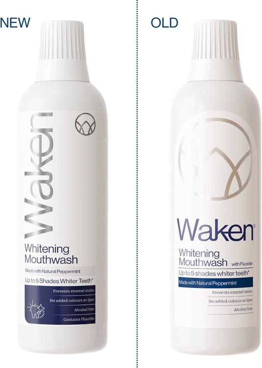 Waken Whitening Mouthwash, Clinically Tested Whitening Formula For Up To 5 Shades Whiter Teeth, Prevents Enamel Stains, Alcohol-Free, Vegan, Recycled Packaging, Natural Peppermint Flavour, 500Ml