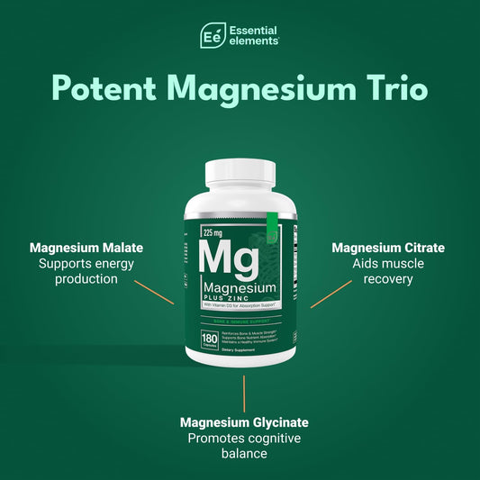 Essential Elements Magnesium & Zinc With Vitamin D3 For Sleep Immune & Bone Support - Magnesium Glycinate, Malate, Citrate 200Mg - Triple Magnesium Supplement For Women And Men - 3 Month Supply