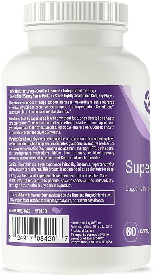 AOR, SuperFocus, Supports Concentration, Energy, Mental Alertness, Calm and Relax, Dietary Supplement, 60 Servings (60 Capsules)