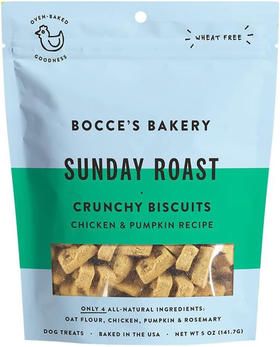 Bocce'S Bakery Oven Baked Sunday Roast Treats For Dogs, Everyday Wheat-Free Dog Treats, Made With Real Ingredients, Baked In The Usa, All-Natural Chicken & Pumpkin Biscuits, 5 Oz