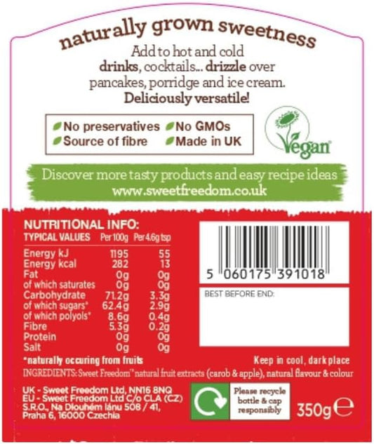 Sweet Freedom Hazelnut Syrup - 350 G | Natural Great Taste With Sweetness Derived From Fruit | Ideal For Coffee, Baking & Dessert | No Preservatives Or Allergens | Vegan | Only 13 Cal Per Teaspoon