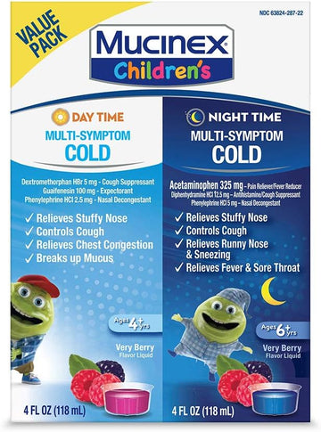 Mucinex Children?S Day Time Multi- Symptom Cold And Night Time Multi-Symptom Cold, Multi-Symptom Relief, Bundle Value Pack, Very Berry Flavor, 2 X 4 Fl Oz (Pack Of 1)