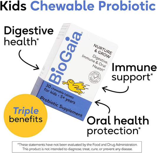 Biogaia Nurture & Grow Kids Probiotic | Ages 5+ | Chewable Probiotic | Allergen-Free | Triple-Benefit Probiotic For Kids | Digestive Health, Immune Support & Oral Health Protection | 30-Day Supply