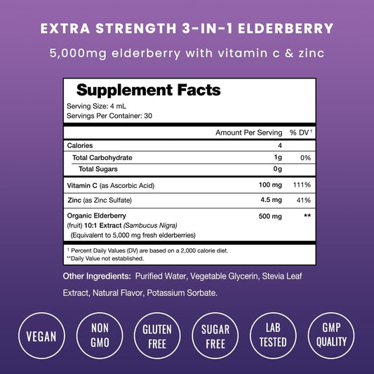 Organic Elderberry Syrup [5000mg Strength] Plus Zinc & Vitamin C Liquid Extract for Kids & Adults - Immune System Support - Vegan Sambucus Nigra Antioxidant Drops Supplement | Berry Flavor 4oz