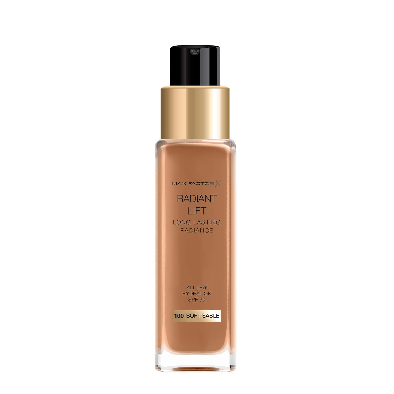 Max Factor Radiant Lift Liquid Pump Medium To Full Coverage Radiant Finish Foundation With Spf30 And Hyaluronic Acid, 100 Soft Sable, Dark Skin Tone, 30Ml
