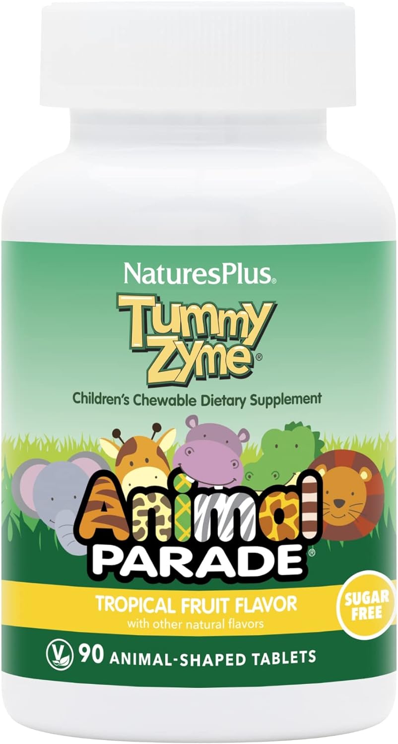 NaturesPlus Animal Parade Source of Life Children's Chewable Digestive Aid - Tropical Fruit Flavor - 90 Animal Shaped Tablets - Contains Live Probiotics - Vegetarian, Gluten-Free - 90 Servings